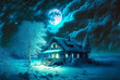 Fabulous mystic winter landscape, night scene with a moon and cute house in snow