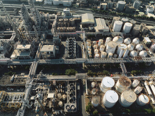 Wall Mural - Aerial view, Oil refinery Petrochemical Plant industrial. Concept energy or transportation energy import, export.