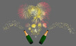 Zwei sprudelnde Sektflaschen und Feuerwerk im Hintergrund