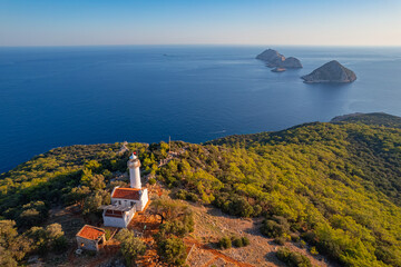 Wall Mural - Gelidonya lighthouse Lycian Way in Antalya, Turkey Aerial top view. Concept beautiful summer landscape at sunset from drone