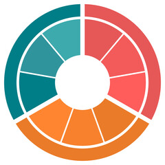 Round colorful tricolor chart cut into sectors. Vector empty blue-red-orange diagram template for presentation or infographic