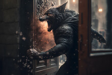 Realistic 3d Illustration Of A Creature In The Form Of A Half-human Wolf Coming To A House In The Middle Of The Forest