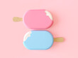 A bitten popsicle on a stick. Pink and blue popsicle on a delicate pink background. A Valentine's day grocery concept, two popsicles, a minimal creative concept. 3d render illustration