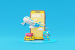 Airplane flying in clouds on smartphone with suitcase, Tourism and travel concept, holiday vacation, nature journey, 3d render.