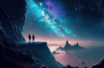 silhouette of a man and a girl against the backdrop of mountains and stars