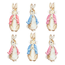 Set Of Watercolor Cute Peter Rabbits In Red And Blue Jacket