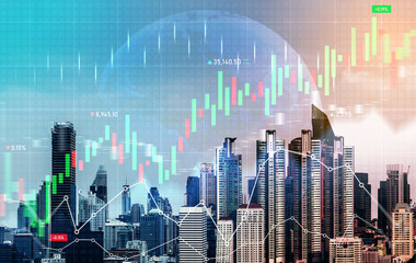 Wall Mural - Financial graphs and digital indicators overlap with modernistic urban area, skyscrabber for stock market business concept. Double exposure.