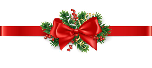 Wall Mural - Christmas bow and tree border, vector. Red ribbon with Christmas tree branch and holly berries.