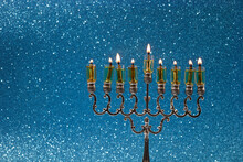 Jewish Holiday Hanukkah Background With Menorah -traditional Candelabra And Candles