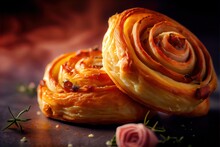  A Close Up Of A Pastry With A Spiral Design On It And A Rose On The Side Of The Picture.