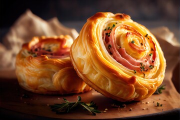  a pastry with a spiral design and toppings on a wooden board with a napkin and napkin behind it. Generative AI