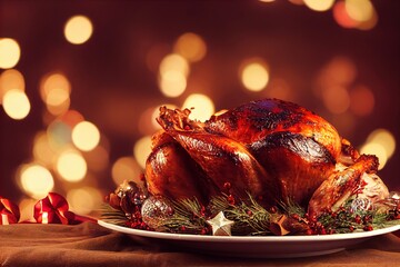 a roasted turkey on a platter with a holiday decoration on the side and a holiday light in the backg