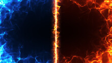 対立する、画面を囲む赤と青の炎背景