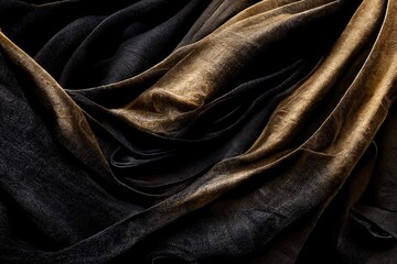 Wall Mural - a black and gold cloth with a black background and a gold stripe on the bottom of the fabric is a dark color. Generative AI