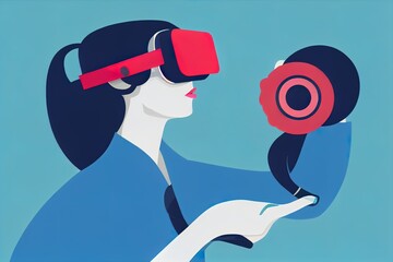  a woman with a red object in her hand and a blue background with a red object in her hand. Generative AI