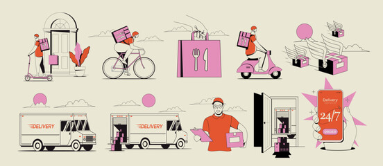 set of conceptual delivery service business illustrations of delivery truck and courier guy and deli