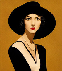Portrait of elegant woman, Art Deco style illustration. AI generated image.