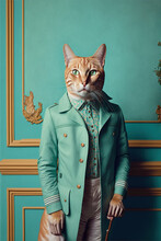 Abstract, Creative, Illustrated, Minimal Portrait Of A Wild Animal Dressed Up As A Man In Elegant Clothes. A Cat Standing In A Blue Suit. Generative AI.