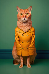 Abstract, creative, illustrated, minimal portrait of a wild animal dressed up as a man in elegant clothes. A cat standing in a yellow jacket. Generative AI.