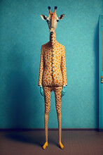 Abstract, Creative, Illustrated, Minimal Portrait Of A Wild Animal Dressed Up As A Man In Elegant Clothes. A Giraffe Standing On Two Legs In Business Giraffe Print Suit. Generative AI.