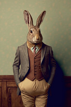 Abstract, Creative, Illustrated, Minimal Portrait Of A Wild Animal Dressed Up As A Man In Elegant Clothes. A Rabbit Standing On Two Legs In Business Modern Suit. Generative AI.