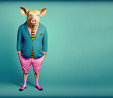 Abstract, Creative, Illustrated, Minimal Portrait Of A Wild Animal Dressed Up As A Man In Elegant Clothes. A Pig Standing On Two Legs In Business Modern Suit. Generative AI.