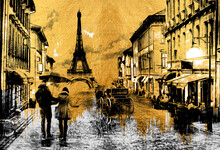Painting - Rainy Day Paris With Eiffel Tower.Collection Of Designer Oil Paintings. Decoration For The Interior. Modern Abstract. The Texture Of The Oriental Style Of Gray And Gold. Umbrella