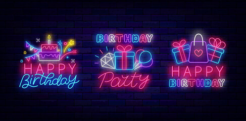Wall Mural - Happy Birthday neon labels collection. Party celebration. Cake, present and gift box. Vector stock illustration