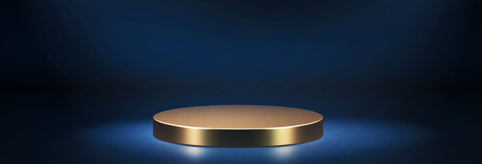 Wall Mural - Golden colour low round empty podium lit by spotlight. 3d computer graphic template of displaying place for your products.