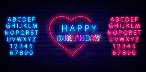 Wall Mural - Happy Birthday neon typography sign. Heart shape frame. Shiny blue and pink alphabet. Vector illustration