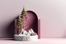 Pastel White Rock Modern Futuristic Stone Podium And Product Pedestal. Small Conifer Bonsai Tree, Purple And Pink Soft Color, 3D Illustration. Generative AI.