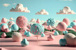 A colorful pastel land of delicious, tasty sweets and candies. Sugar wool, pink and blue marshmallow illustration 3d design from dreams. Generative AI.
