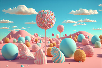 A colorful pastel land of delicious, tasty sweets and candies. Sugar wool, pink and blue marshmallow illustration 3d design from dreams. Generative AI.