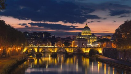 Wall Mural - ime lapse of St. Peter's Basilica, Sant Angelo Bridge, Vatican, Rome, Italy