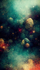 Wall Mural - Galaxy asteroid. Space rock. Big bang. Defocused orange blue pink color shiny round sphere star dust on dark black illustration collage abstract background.