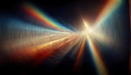 Wall Mural - Rays motion. Blur light. Rainbow glare. Defocused red blue orange color glow lens flare reflection on dark black illustration collage abstract background.
