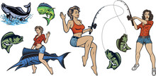 Set Of Colour Vector Illustrations For Fishing Theme With Pin Up Girl, Marline, Salmon, Mahi Mahi Fish, Perch. 