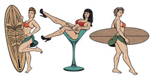 Set Of Illustrations With Pin Up Girls, With A Surfboard And A Pin Up Girl In A Glass On A White Background
