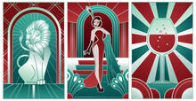 Collection Of Illustrations Of Women In Art Deco Style, Red, Black And Silver Colours