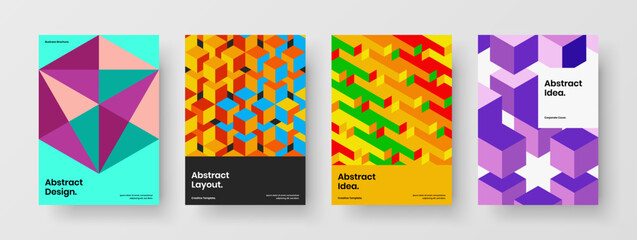 Multicolored geometric tiles handbill layout set. Unique annual report A4 design vector template bundle.