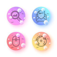 Smile, Pin and Scroll down minimal line icons. 3d spheres or balls buttons. Data analysis icons. For web, application, printing. Positive mail, Map point, Mouse swipe. Magnifying glass. Vector