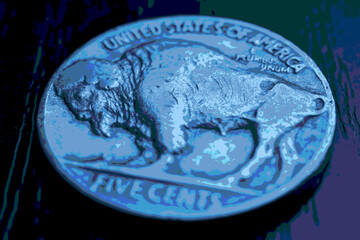 Wall Mural - us nickel. coin 5 cents closeup. blue tinted pasteurization illustration with american bison. buffal