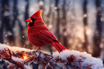 beautiful red northern cardinal bird sitting on a branch covered with frost in the snowy winter fore