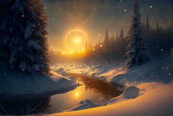 Wall Mural - a winter wonderland, golden hour, celestial feeling