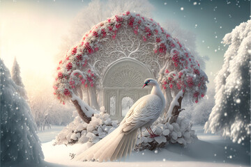 a beautiful winter snow scene, a beautiful white peacocks shining feathers,beautiful jewelry adorned