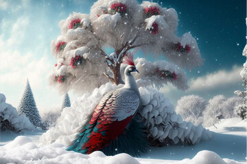 a beautiful winter snow scene, a beautiful white peacocks shining feathers,beautiful jewelry adorned feathers,a big tree covered with white snow.generative ai.