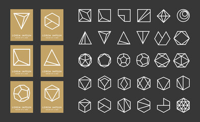 Collection of geometry 30 icons and 6 stylish golden Logo.Linear design elements.Hexagons,Triangles,Squares,Circles.Trendy minimal icon,logo, logotypes,label,monogram.Vector illustration