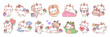 Cute unicorn cats. Funny color fairy animals with rainbow tails, baby adorable kittens sleeping, playing and cuddling, kawaii pets, cartoon stickers collection, tidy vector set