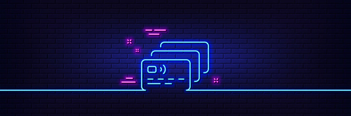 Sticker - Neon light glow effect. Credit card line icon. Bank money payment sign. Non-cash pay symbol. 3d line neon glow icon. Brick wall banner. Card outline. Vector