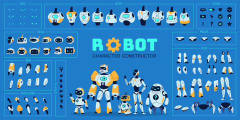 Wall Mural - Robot elements kit. Cute cyborg character and different replacement parts, heads, torsos, arms and legs, robot constructor, futuristic android body elements tidy vector cartoon flat set